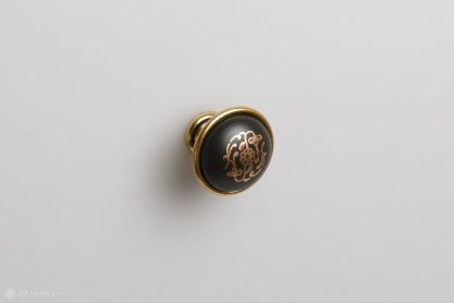 New Deco мебельная ручка-кнопка диаметр 35 мм состаренное золото и черная керамика с рисунком